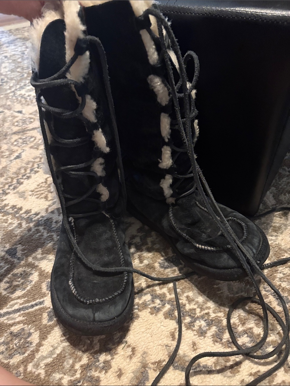 UGG Black Suede Tall Lace-Up Winter Boots with Shearling
